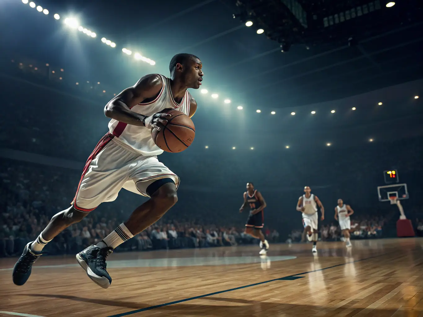 A dynamic image of individuals engaged in a basketball game at STEP BY STEP's indoor court, showcasing teamwork, agility, and the competitive spirit of the sport.