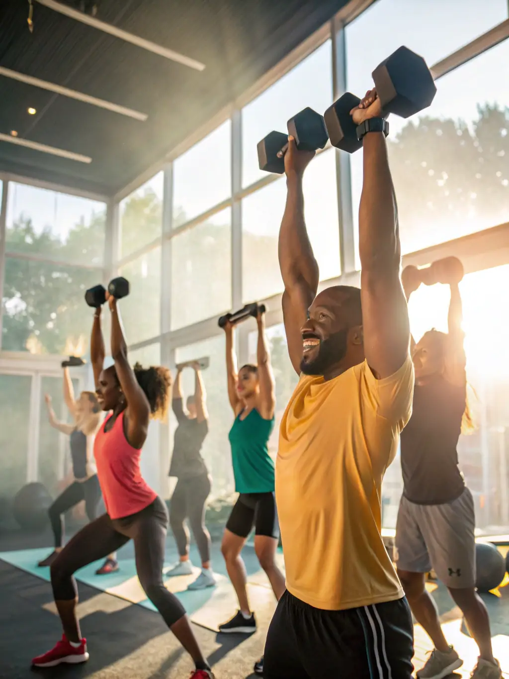 A focused image of individuals engaged in a fitness class, highlighting strength training and overall wellness at STEP BY STEP.