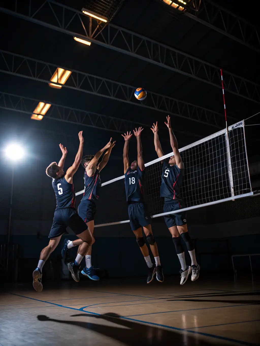 An energetic image of a group participating in a volleyball match, emphasizing agility and coordination in STEP BY STEP's indoor sports facility.