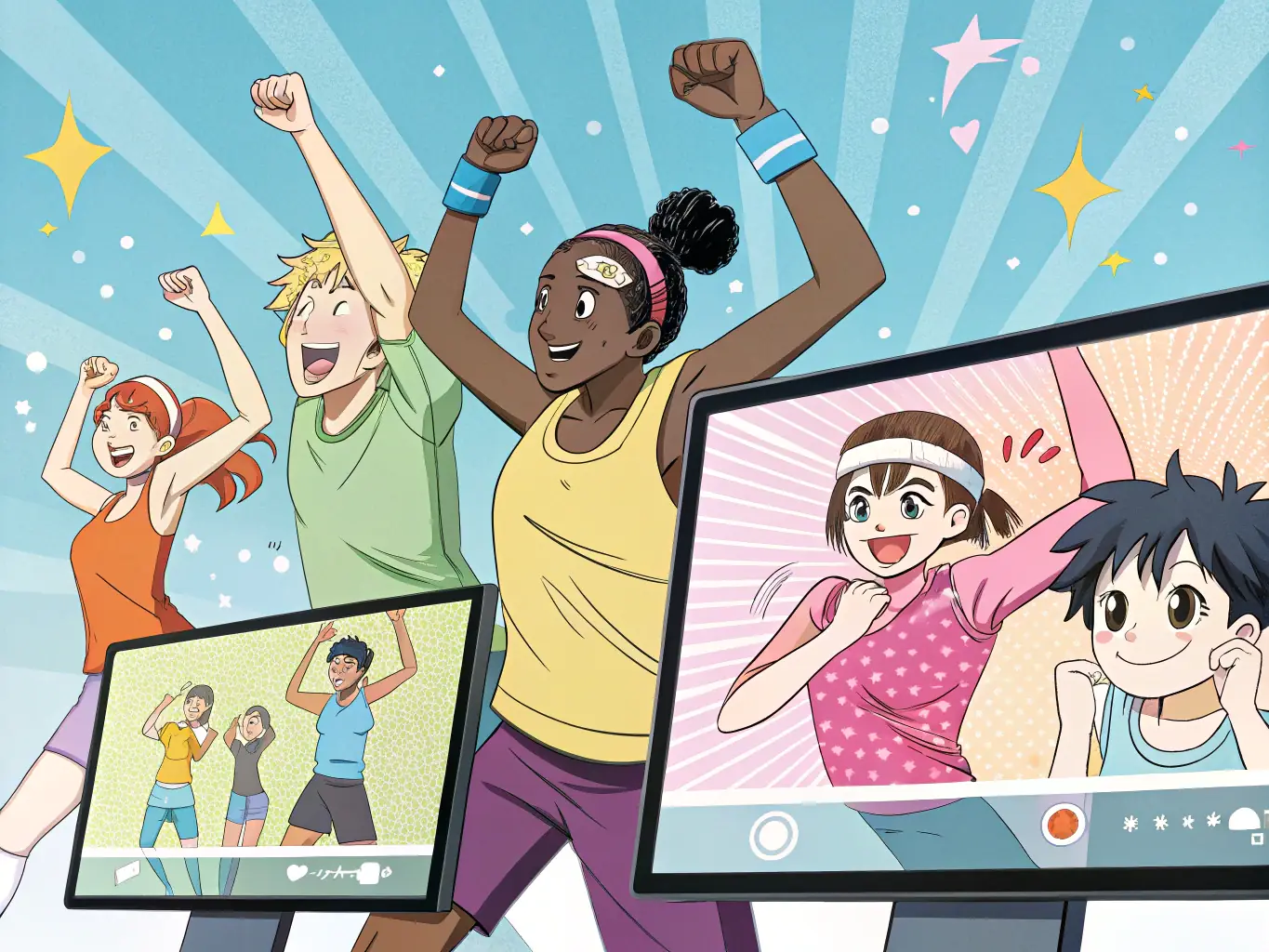 A group of people participating in a high-energy Zumba class at STEP BY STEP, with an instructor leading the dance moves and participants smiling and enjoying the workout.