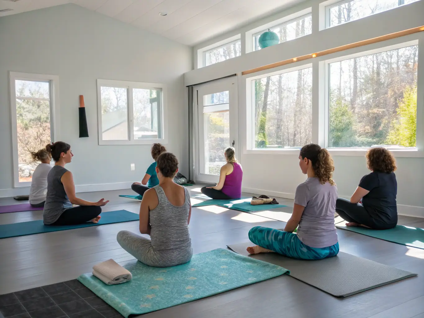 A serene yoga class in progress at STEP BY STEP, with participants in various yoga poses, guided by a calm and experienced instructor in a softly lit studio.